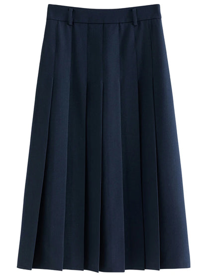 FSLE 2025 New Arrival Women Zipper Waist Office Lady Elegant Grey Skirt Pleated Design Navy Blue Color Long Skirt Daily Outfits
