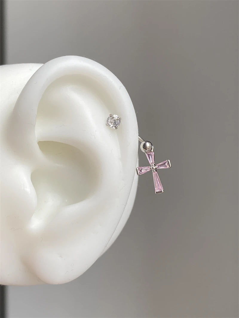 1PCS Pink Zircon Cross 316L Stainless Steel Annular Ear Bone Nail New Fashion U-shaped Earrings for Women Y2K Punk Jewelry.