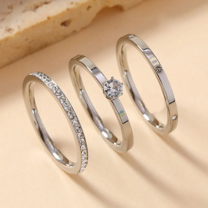 Luxury Stainless Steel Ring For Women Three-Piece Set Zircon Classic Fashion Finger Accessory Jewelry Female Gifts.