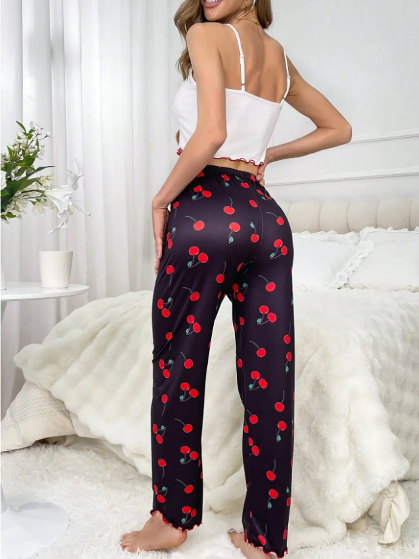 Y2K Coquette Cherry Print Pyjama Set Damen Cami Crop Top Hosen Zweiteilige Nachtwäsche Loungewear Sommer Frühling Herbst Outfits.