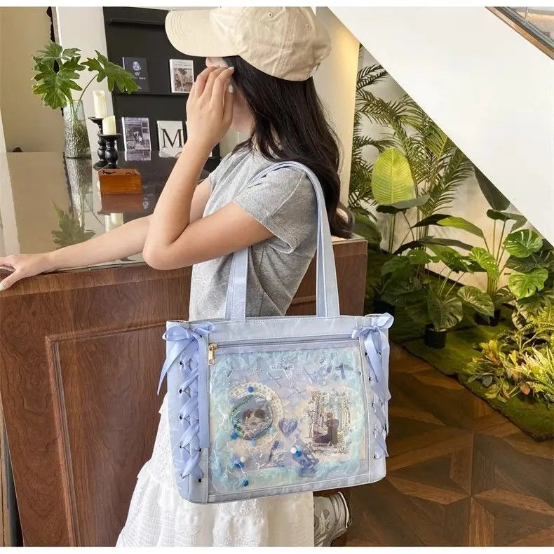 New Versatile Fashion Ribbon Itabag Large Capacity Green Large Food Anime Millet Bag Daily One Shoulder Tote Bag.