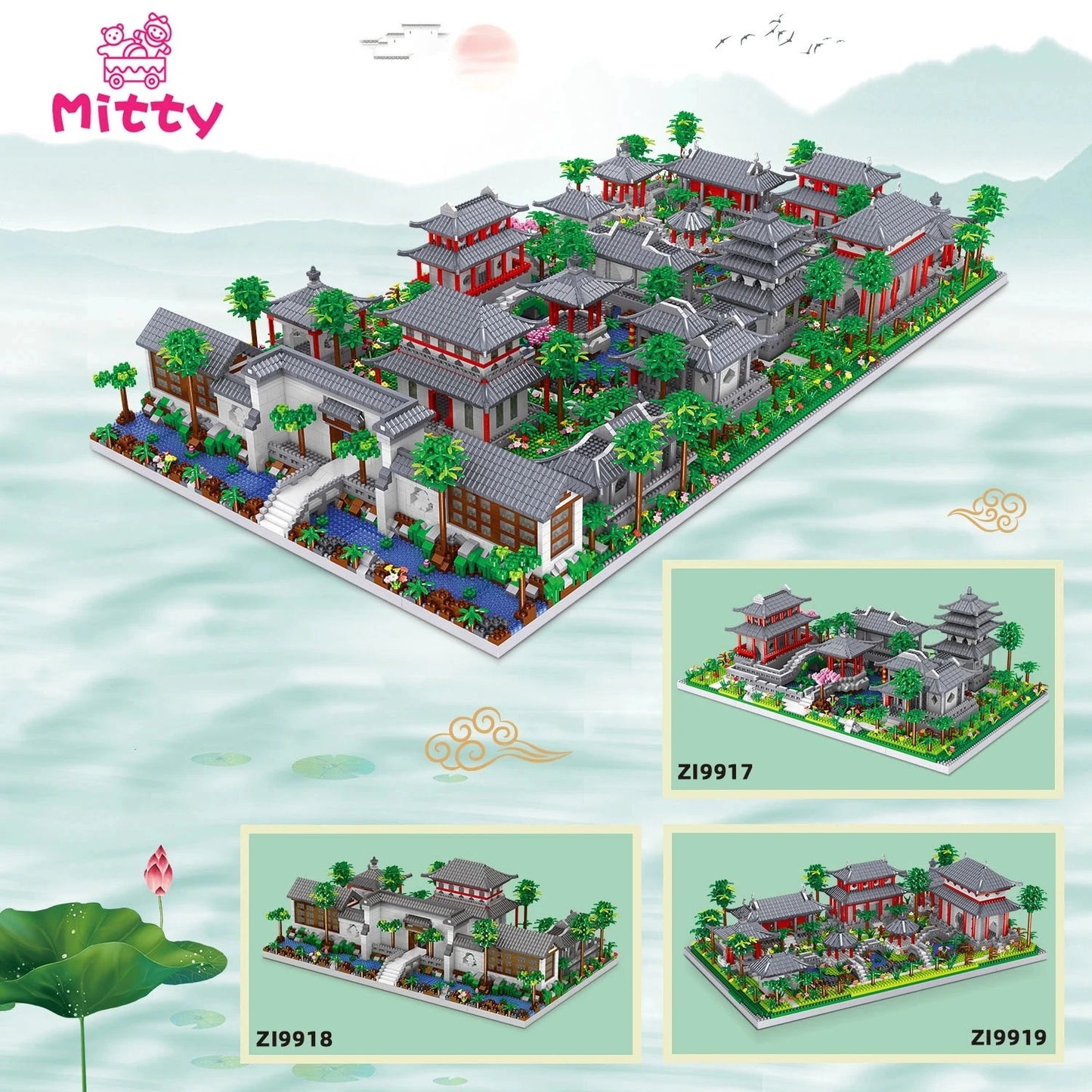 Lezi Architecture Ancient Pavilion Temple Tower Lake Garden Gate LED Light Model Mini Diamond Blocks Bricks Building Toy no Box.