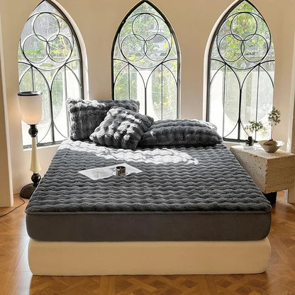 Fluffy Plush Fitted Bed Sheet Solid Color Long Hair Fleece Bed Cover For Double Bed fundas de colchón Winter Warm Mattress Cover.