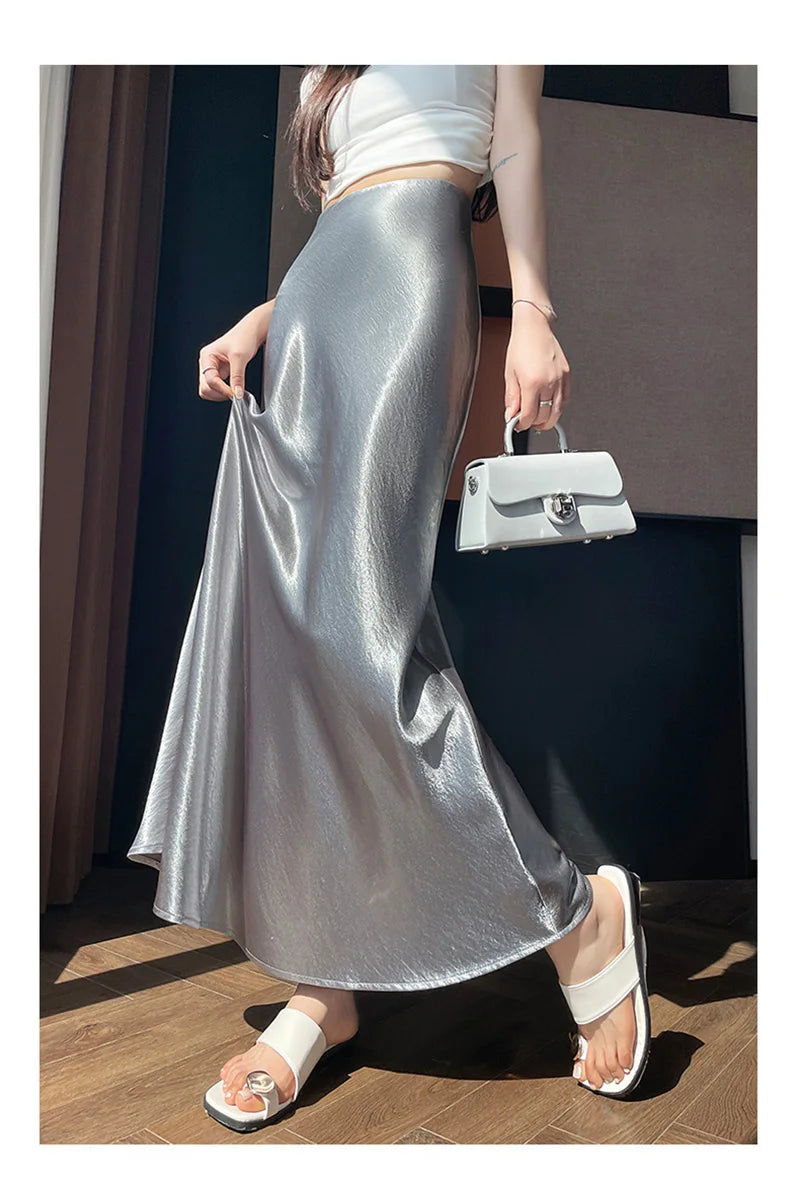 Zoki Chic Satin Elegant Long Skirt Women Casual Fashion High Waist Sweet Trumpet Skirts Slim Summer Female Korean Long Skirts.