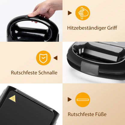 TAYLOR SWODEN 3-in-1 sandwich maker, waffle iron, baking tray, 1200 W, for 4 sandwiches, removable non-stick tray, 180° rotation.