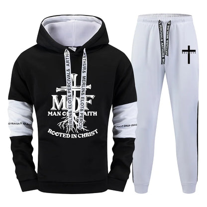 Man of Faith Hoodie Sweatpants 2pcs Set Men's Tracksuit Autumn Winter Daily Casual Sport Jogging Suit Home Outdoor Hooded Outfit.