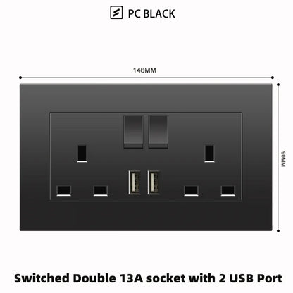 Schwarze UK 13A Wandsteckdose mit USB Typ C 18W Schnelllade-Steckdose, Wandsteckdose mit USB-Ladegerät, Schalter mit Steckdose