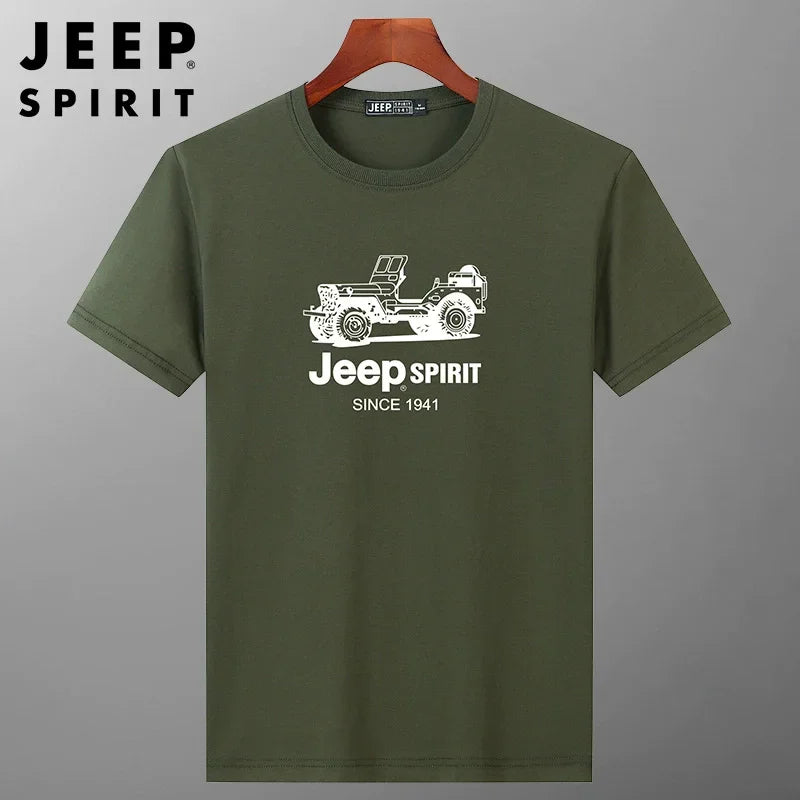 JEEP SPIRIT Mens T-shirt Summer 100%Cotton 230g Heavy Print Sports Breathable Round Neck Top Loose Solid Short Sleeve.