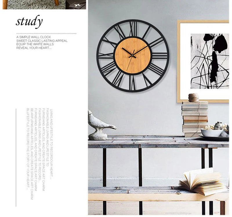 3D Große Wanduhren Nordic Römischen Ziffern Retro Runde Holz Metall Eisen Genaue Stille Hängende Ornament Wohnzimmer Dekoration