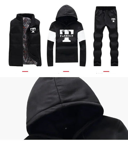 3 Pieces Set Hoodies+Vest+Pants Casual Men's Track Suit Clothing Coats Winter Thick Warm Tracksuit for Men Printed Mens Set Vest.