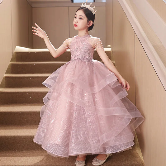 2025, Kinderkleider, Luxuspartys, rosa Neckholder, Geburtstagsfeier, elegantes Kleid für Mädchen, Prinzessinnenkleid, Host-Performance.