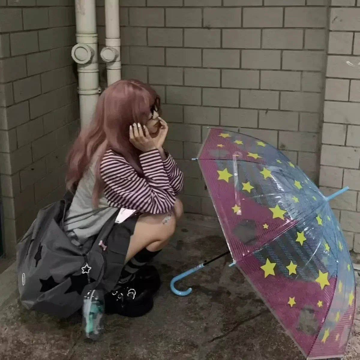 Japan Kawaii Sweet Women T-Shirt O-Neck Stripe Patchwork Long Sleeve Cartoon Print Loose Pullover Casual Cute Top Youth Vitality.