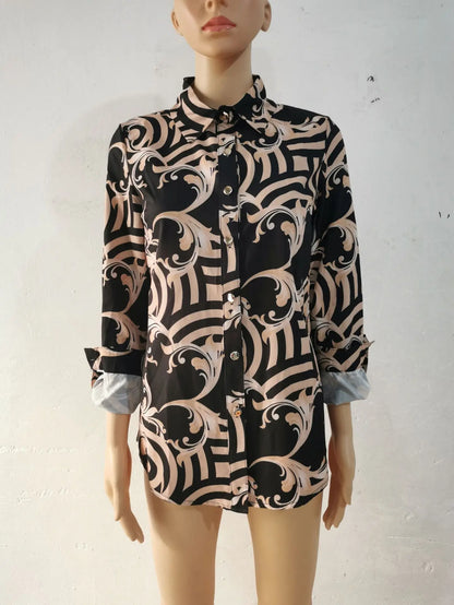 Blue Women's Long-sleeved Shirt, Single-breasted Collar Commuter Shirts, White and Black Slim-fit Top