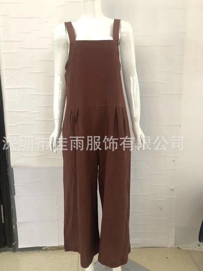 Women Cotton Linen Wide Leg Overalls Summer Fashion Off The Shoulder Sleeveless Solid Color Pocket Jumpsuits JYFS-8929.