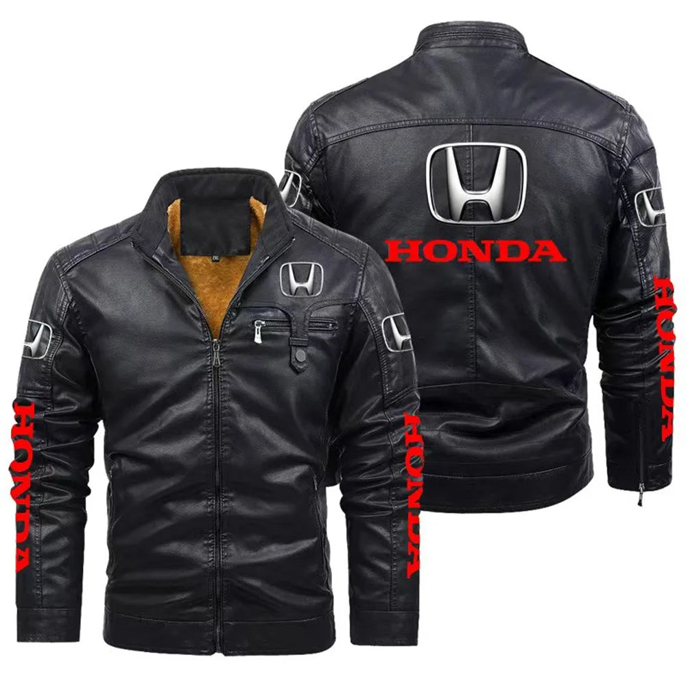 Men's vintage warm leather jacket, Honda motorcycle racing jacket, zipper windbreaker top, outdoor fashion, warm, winter.