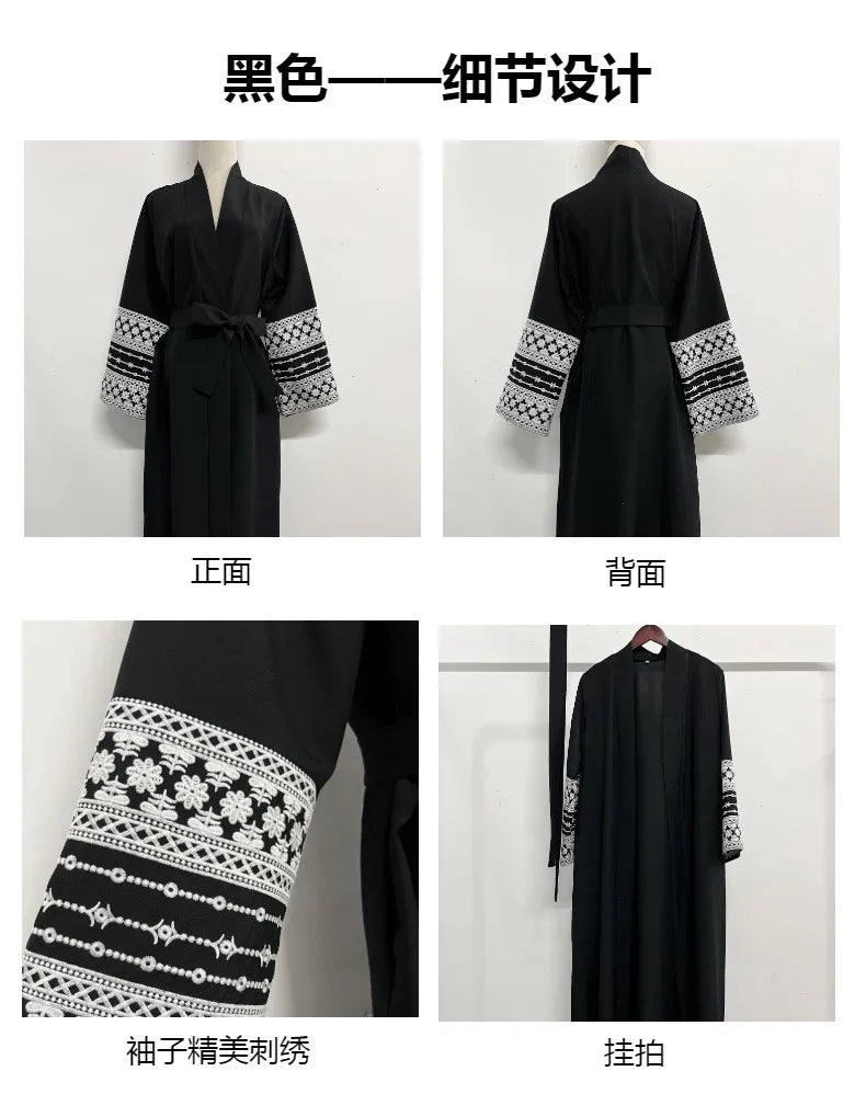 Ramadan Eid Black Open Kimono Abaya with Sashes Damen Dubai Islam Muslim Dress Kaftan Prayer Clothes Women Kebaya Robe Femme.