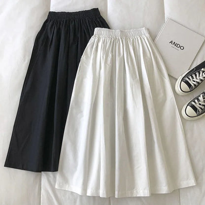 Women Black skirt midi High waist korean style Pleated a line Vintage Clothing 2025 new Summer Casual Fashion Ladies Work Wear.