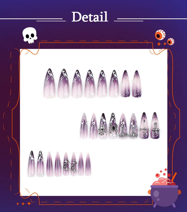 Halloween Cool Spice Style Spider Skull False Nails Purple Halo Dyeing Detachable Finished Fake Nails Press on Nail with Glue.