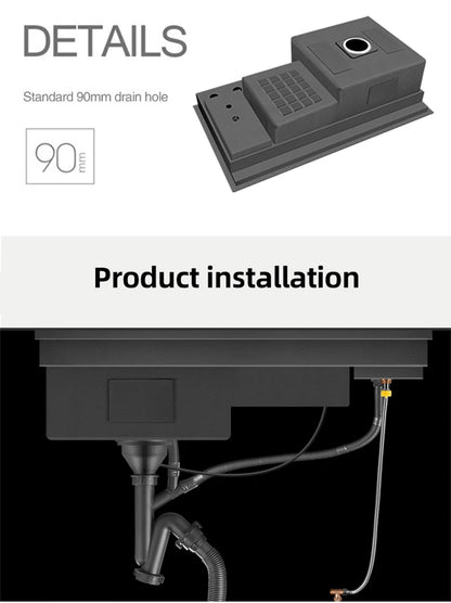 ASRAS Nanometer Black Flip Cover Hidden kitchen Sink 304 Stainless Steel 4mm Thickness Handmade Stepped Sinks Cup Rinser Sinks