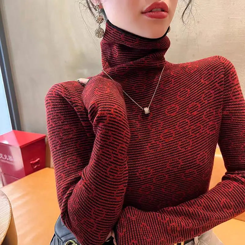 Frauen Kleidung Chic Gestreiften Schlank Rollkragen Pullover Herbst Winter Vintage Alle-spiel Lange Ärmel Stricken Pullover Büro Dame Tops.