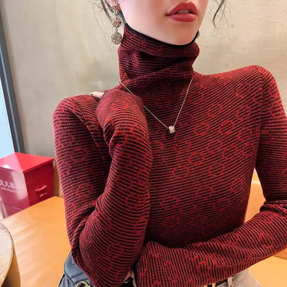 Frauen Kleidung Chic Gestreiften Schlank Rollkragen Pullover Herbst Winter Vintage Alle-spiel Lange Ärmel Stricken Pullover Büro Dame Tops.