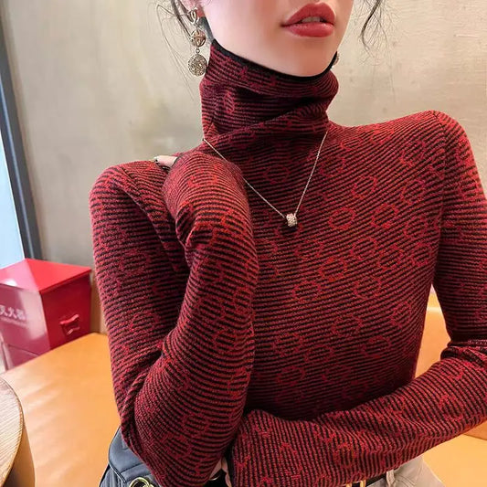 Frauen Kleidung Chic Gestreiften Schlank Rollkragen Pullover Herbst Winter Vintage Alle-spiel Lange Ärmel Stricken Pullover Büro Dame Tops.