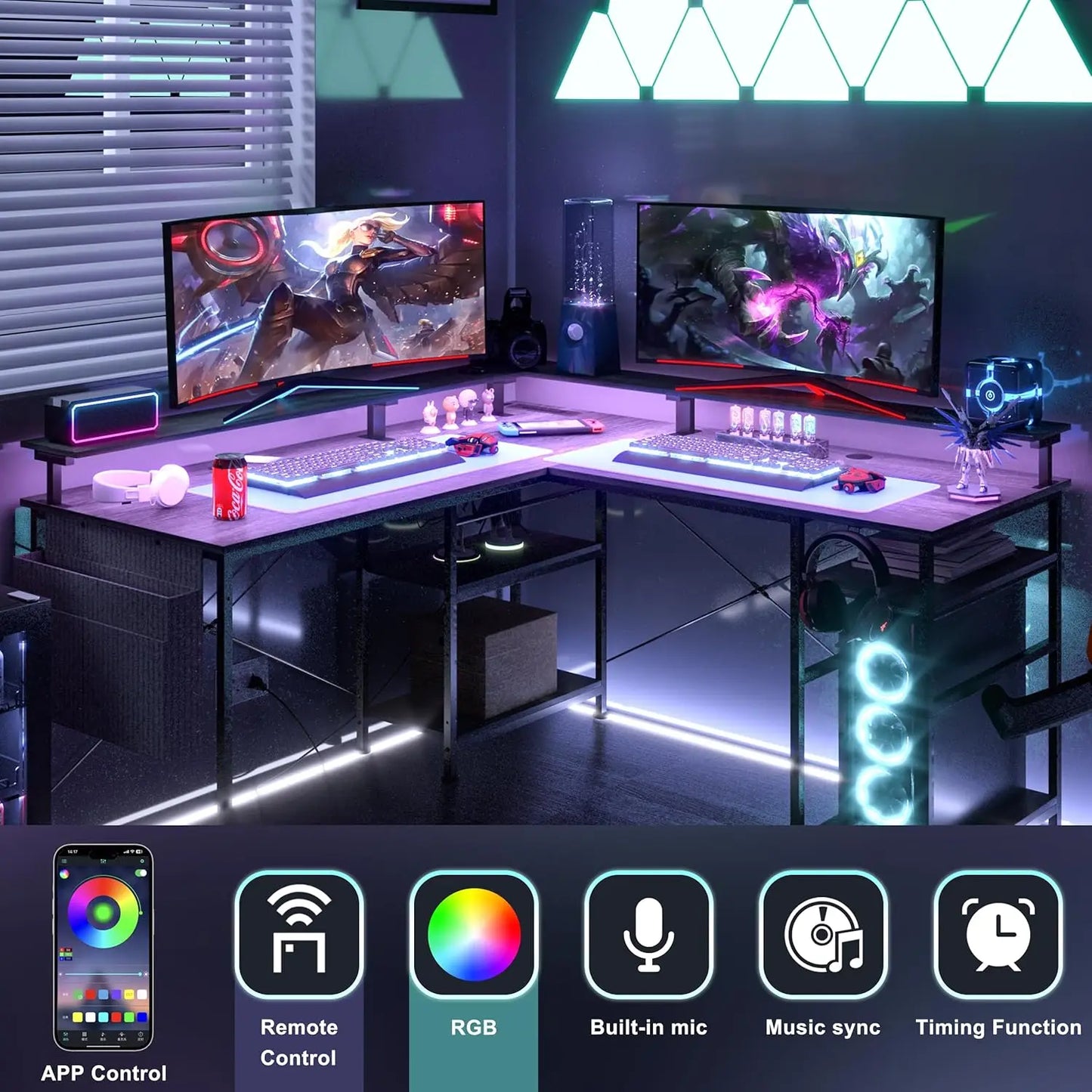 Ergonomischer RGB Gaming Schreibtisch mit Monitorständer Stromanschluss USB Ports Kabelmanagement