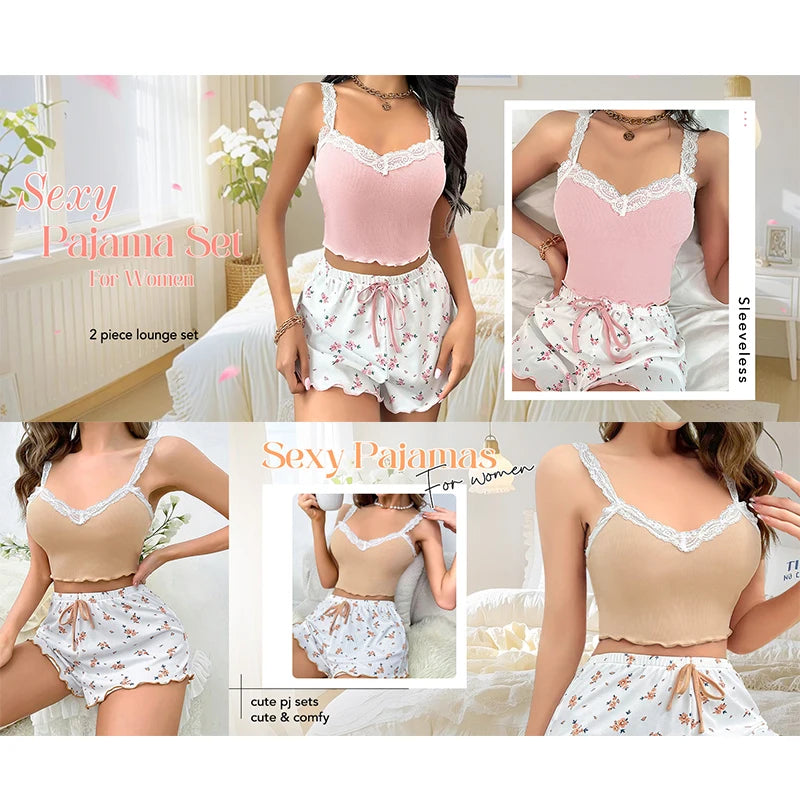 Frauen Pyjama Set Spitze Patchwork V-ausschnitt Nachtwäsche Sexy Nachthemden Anzug Leibchen Top Gedruckt Shorts Weiche Pyjamas Loungewear.