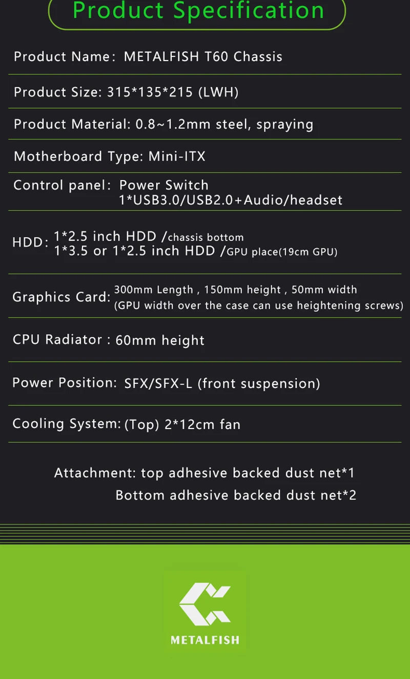 METALFISH T60 Mini ITX Black Case 9L Gaming Computer Chassis Compact transparent PC Support SFX PSU/300mm GPU