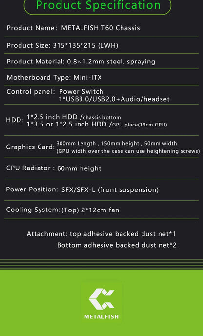 METALFISH T60 Mini ITX Black Case 9L Gaming Computer Chassis Compact transparent PC Support SFX PSU/300mm GPU
