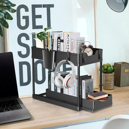 2-stufiger Organizer unter der Spüle, Schiebeschrank, Korb, Organizer, Aufbewahrungsregal mit Haken, hängende Tasse, Badezimmer, Küche, Organizer