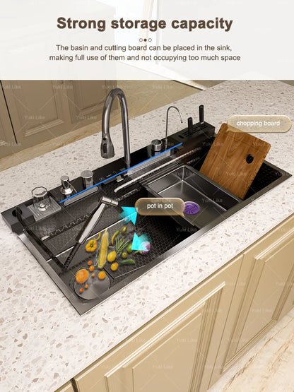 Stainless Steel Kitchen Sink with Waterfall Extra Large Single Slot Digital Display Dishwashing Basin Includes Sinks 100x50cm