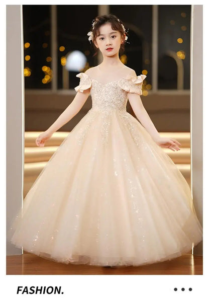 Neue Jugend Mädchen Prinzessin Mesh Kleid Hochzeit Blumen mädchen Kleid Schul wettbewerb Klavier lange Leistung Kleid für 3-12 Jahre