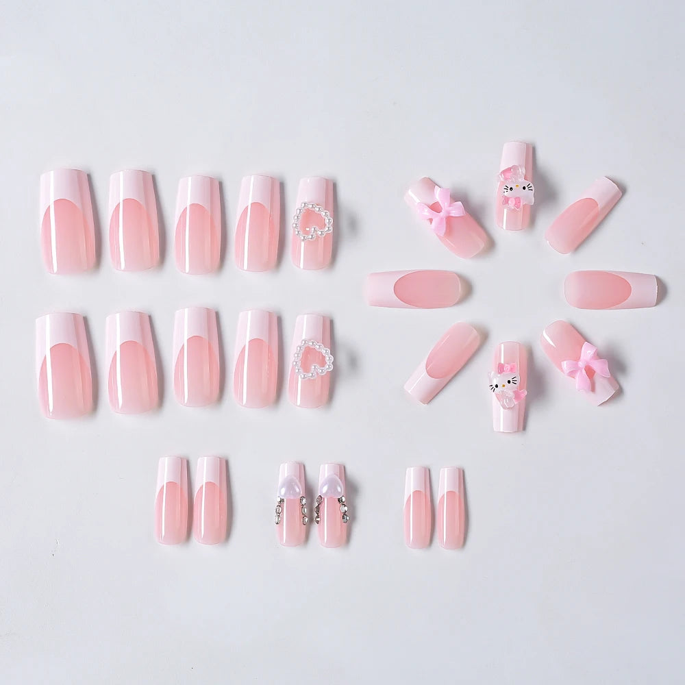 24Pcs Long Square Pink Hello Kitty False Nails French Wearable Full Cover Fake Nails Kitty Cat Bow Heart Design Press On Nails.