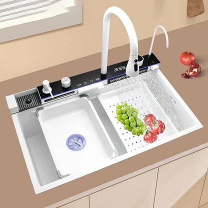 Stainless Steel Kitchen Sink with Hot Cold Pull Out Kitchen Sink Faucets Digital Large Single Bowl Waterfall Rain Kitchen Sinks