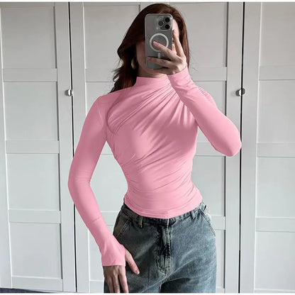 Turtleneck Women Tees Sexy Slim Long Sleeve Pleated All-match Basic Lady T-shirts Spring Autumn Fashion Chic Female Top 2025.