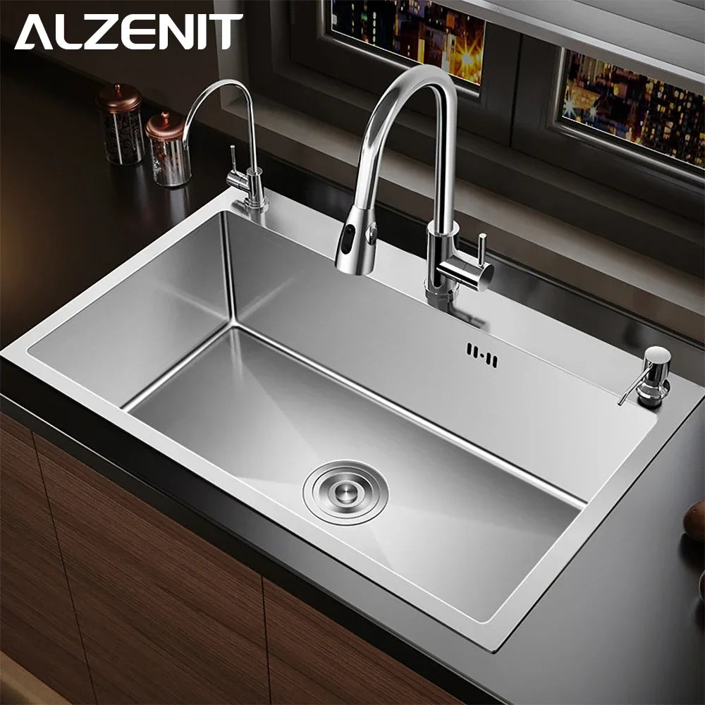 304 Stainless Steel Kitchen Sink Farmhouse Above Counter Undermounter Single Wash Basin with Gourmet Faucet Drain Accessories
