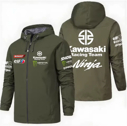Racing team jacket with Kawasaki logo, men's waterproof and windproof sportswear, 2025 new outdoor sports fashionable fan jacket.