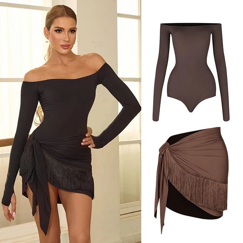 Off Shoulder Latin Dance Tops Fringe Skirt Women ZYM Latin Dance Clothes Competition Dress Club Rumba Samba Practice Wear V22221.