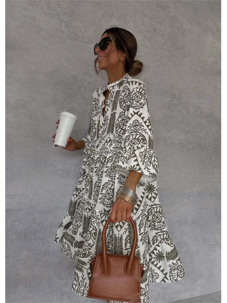 Neue Stil Casual Print Drei-viertel Hülse Hemd Kleid Für Frauen Sommer Mode V-ausschnitt Lose Urlaub Casual Kleider robe Femme.