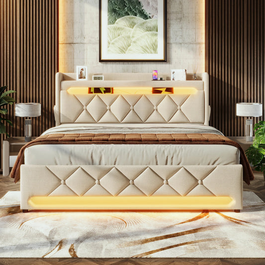 KOMHTOM Doppelbett Leinen, mit USB und Typ C-Port, 360-Surround-LED-Funktion, Hydraulischer Stauraum, ohne Matratze