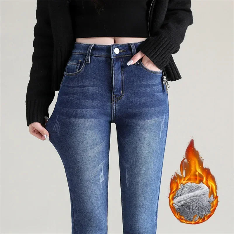 Frauen Thermische Dünne Jeans Mom Winter Warme Plüsch Stretch Jeans Dame Fleece Schnee Denim Hosen Student Bleistift Gerade Bein Hosen