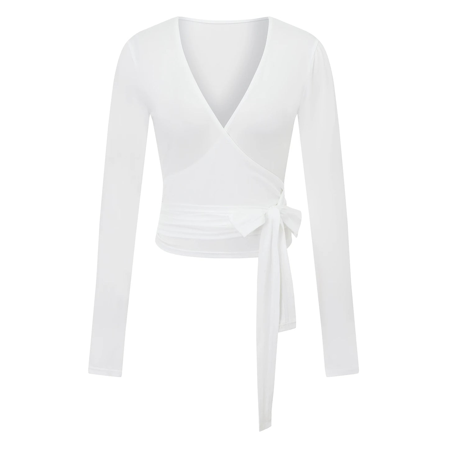 Solid Color Tie-Up Front V-Neck Long Sleeve Bottoming Shirt Women Fitness Yoga T-Shirts Seamless Workout Tops.