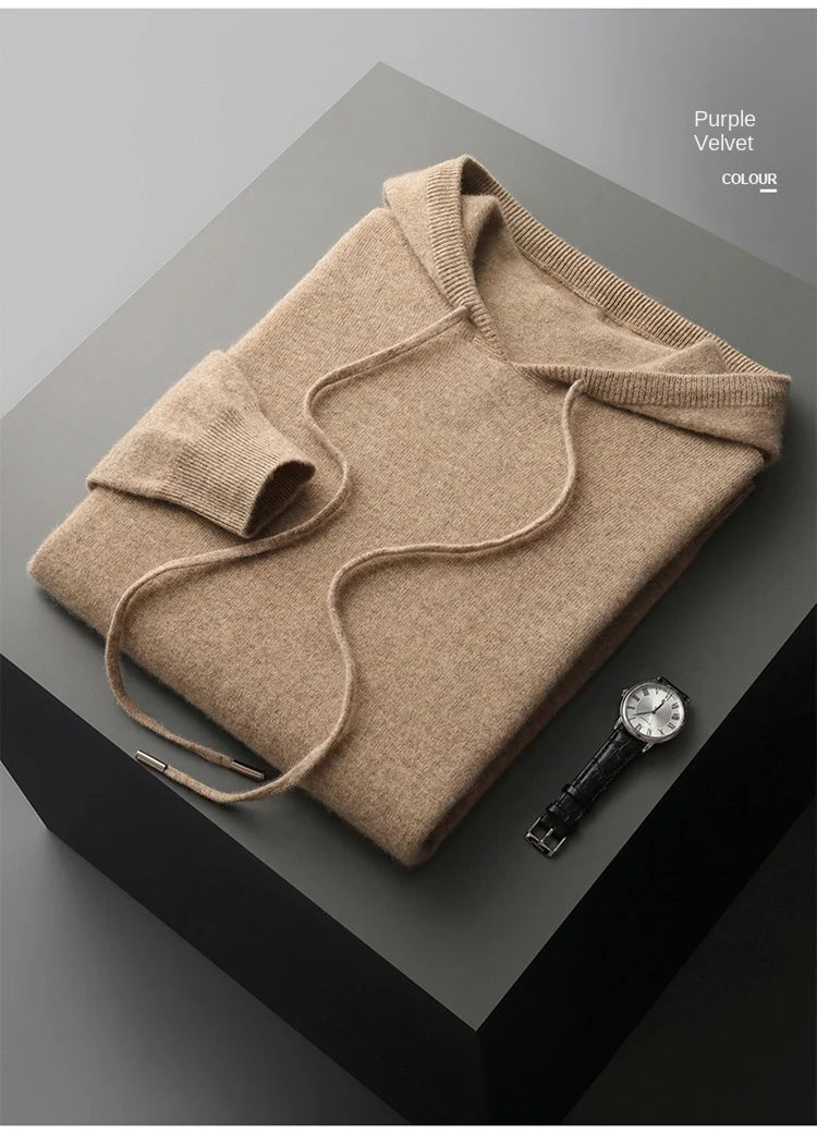 Autumn Winter New Merino Sweater Men's 100% Wool Hooded Collar Knitted Pullover Casual long Sleeved Hoodie