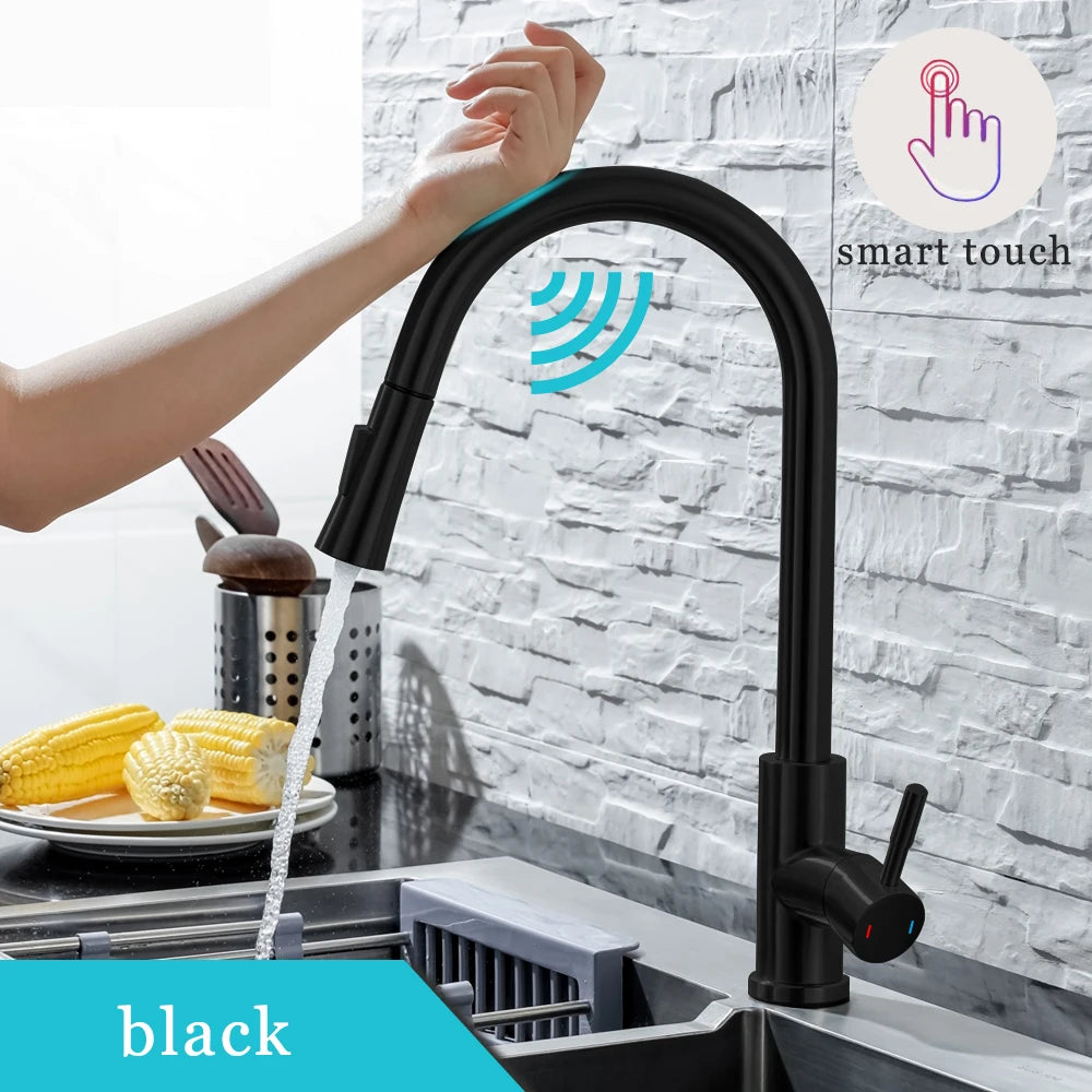 DQOK Küche Wasserhahn Ziehen Gebürstet Nickel Sensor Edelstahl Schwarz Smart Induktion Mixed Tap Touch Control Waschbecken Tap