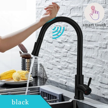 DQOK Küche Wasserhahn Ziehen Gebürstet Nickel Sensor Edelstahl Schwarz Smart Induktion Mixed Tap Touch Control Waschbecken Tap