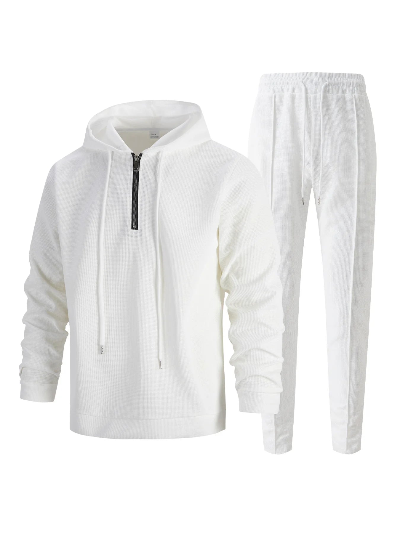 Men's Autumn Waffle Solid Color Hooded Half-Zipper Drawstring Long-Sleeved Sweatshirt And Long Pants Set Casual Comfortable Outf.
