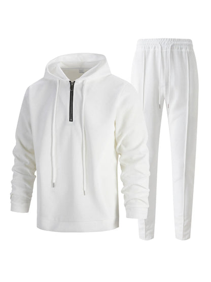 Men's Autumn Waffle Solid Color Hooded Half-Zipper Drawstring Long-Sleeved Sweatshirt And Long Pants Set Casual Comfortable Outf.