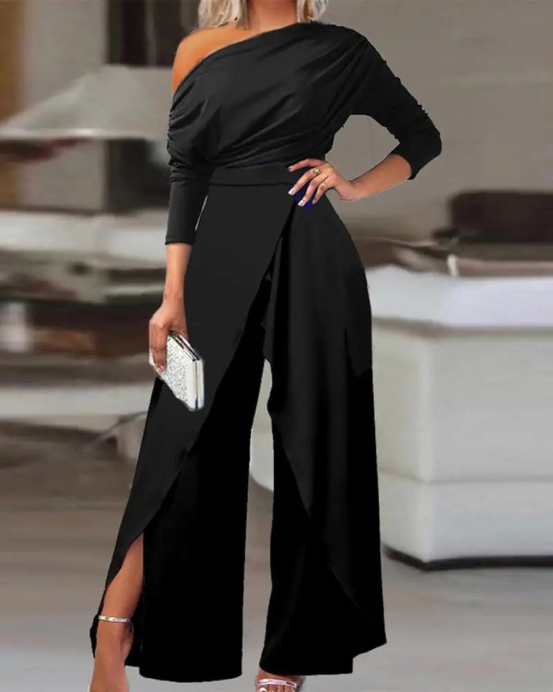 Elegant Jumpsuits for Women 2025 Spring New Plain Elegant Office Lady Loose Ruched Cold Shoulder Split Hem Wide Leg Jumpsuit.