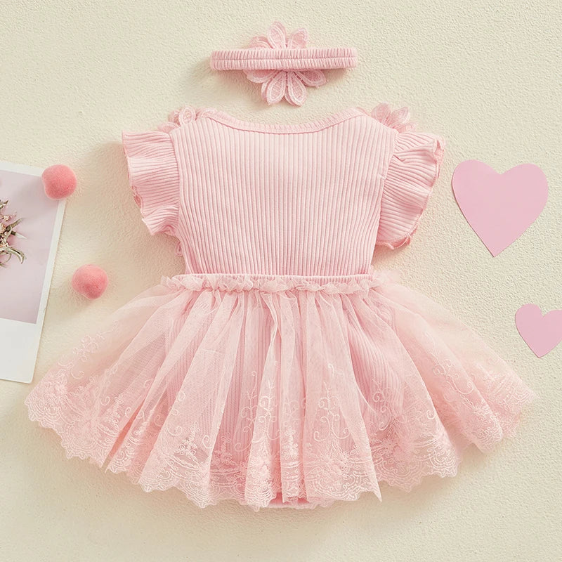 Visgogo Neugeborenen Baby Stram pler Kleid 2 Stück Outfits Mesh Spitze Patchwork Rüschen Bodysuit und Stirnband süße Sommerkleid ung.